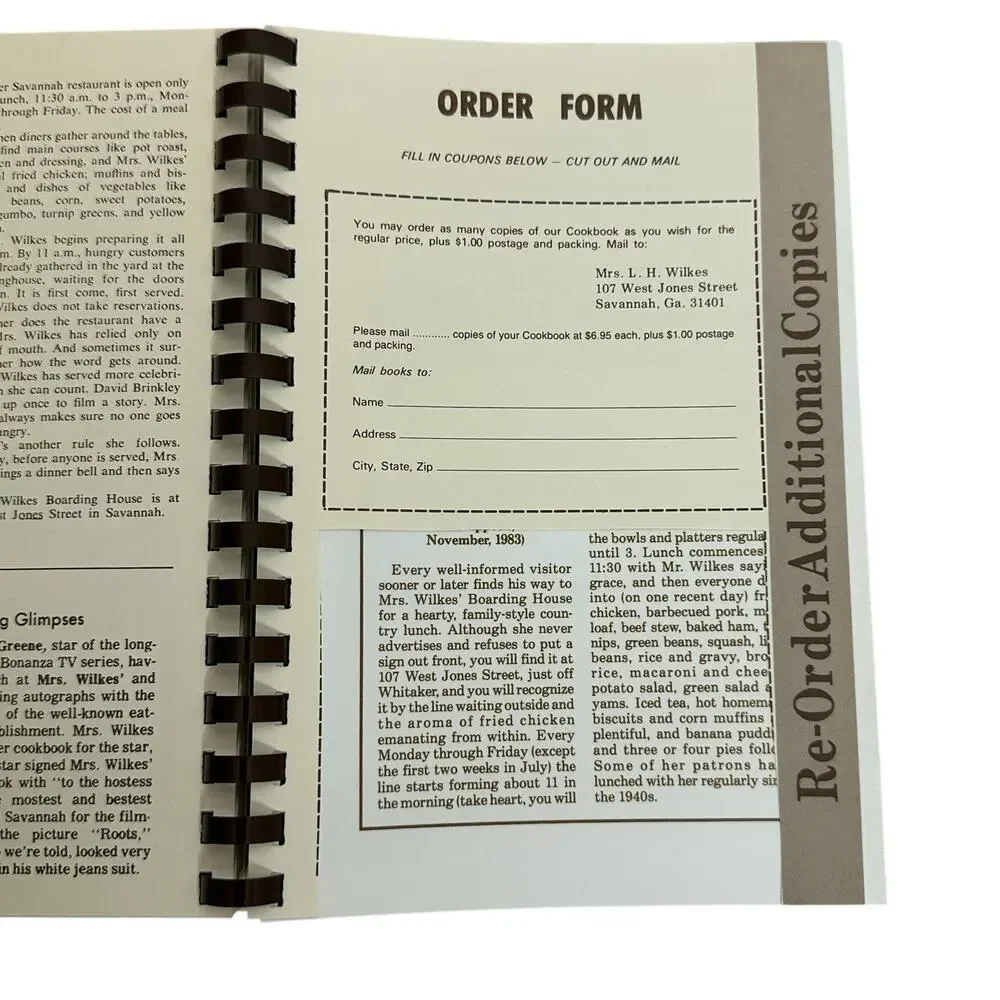Famous Recipes from Mrs. Wilkes Boarding House in Historic Savannah, Signed Book